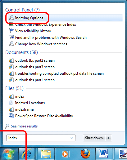 Windows 7 Start Button, Search Box, Indexing Options